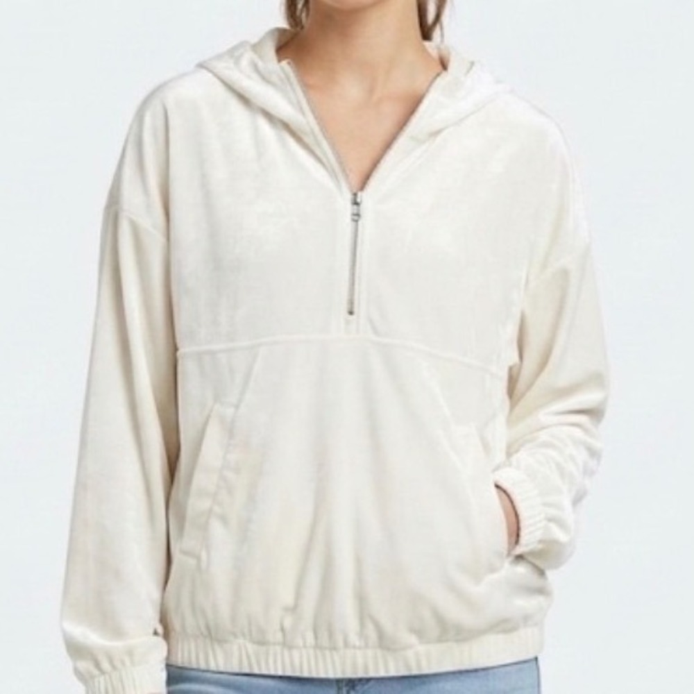 Cozie by Pink Rose Women Cream Velour Quarter Zip Hoodie Sweatshirt Medium